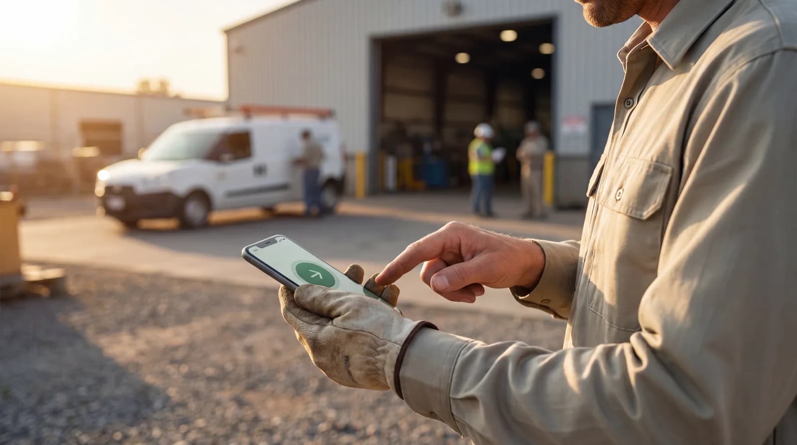 A field worker taps a green clock-in button on a phone at a depot, with a service van and crew behind — one-tap clock-in with GPS location verification