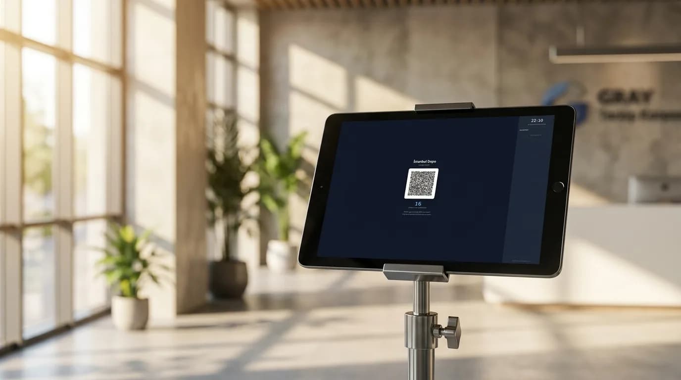 QRAY kiosk mode showing a rotating QR time clock on a reception tablet