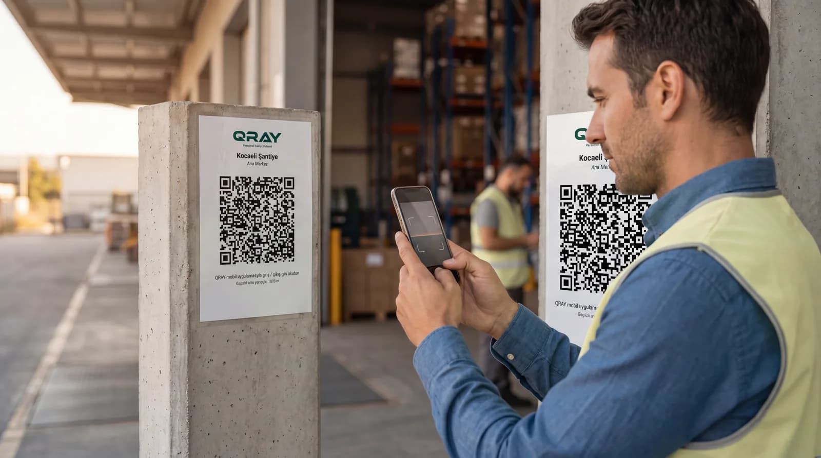 A worker scans a printed QRAY QR code on a concrete pillar at a warehouse entrance — fixed QR code with GPS location verification