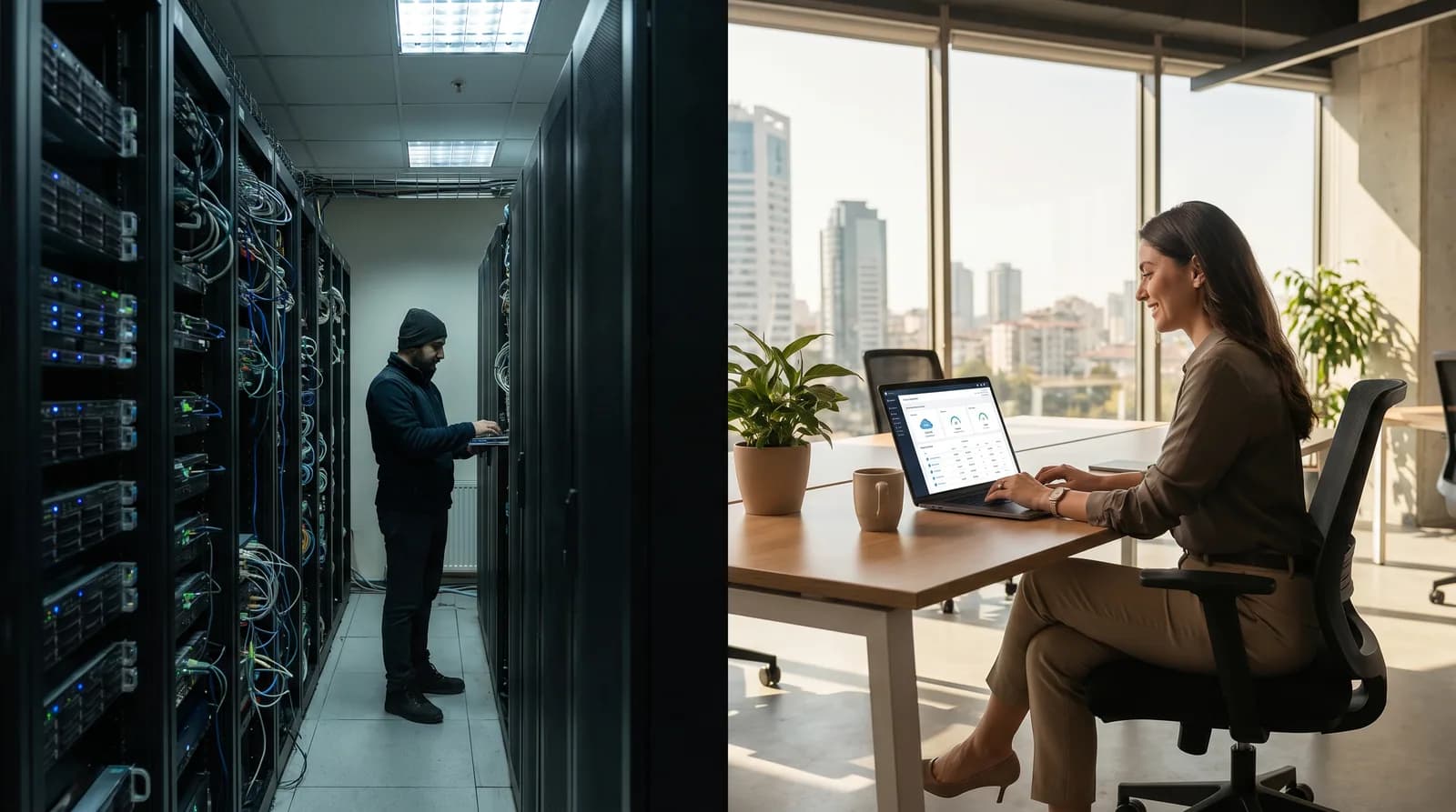 Split compozisyon: geleneksel sunucu odası ve modern bulut dashboard karşılaştırması — bulut PDKS vs yerinde PDKS