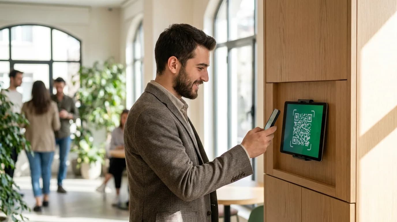 Ofis girişinde telefon ile QR kodu okutan profesyonel — QRAY ile adım adım personel takibi