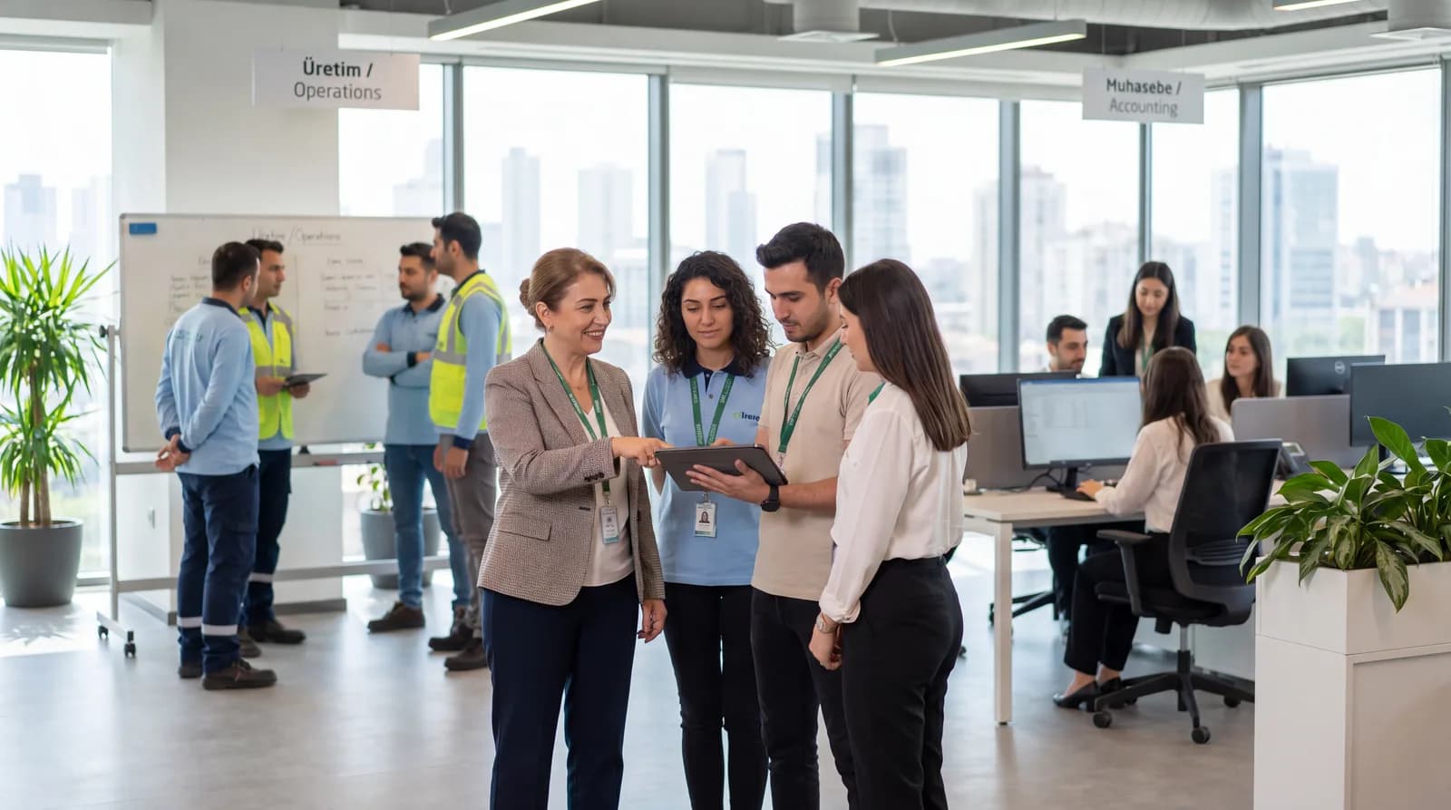 Modern bir ofiste departmanlarını ve ekiplerini organize eden yönetici — QRAY departman ve ekip yönetimi