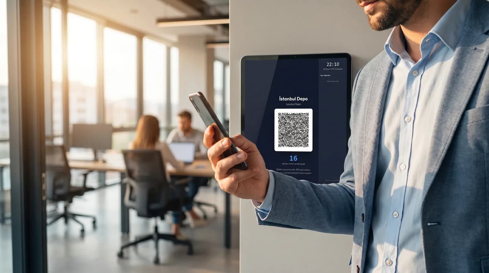 Employee scanning a rotating QR code on a tablet kiosk for contactless clock-in