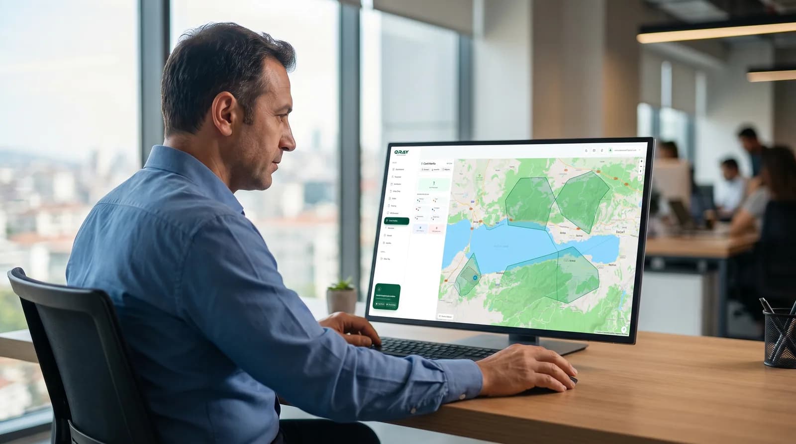 Geofenced work zones drawn across a job site map