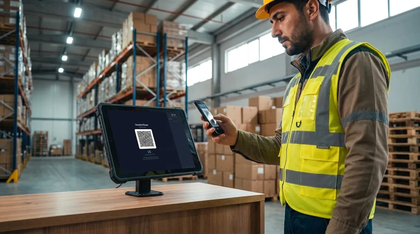 Warehouse staff clocking in by QR across a large facility