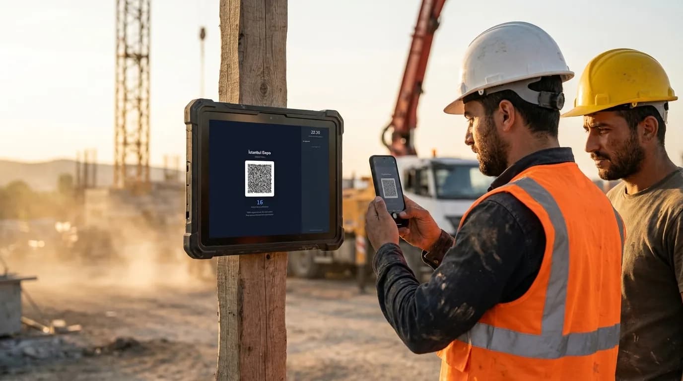 Construction crew clocking in on a job site with GPS verification
