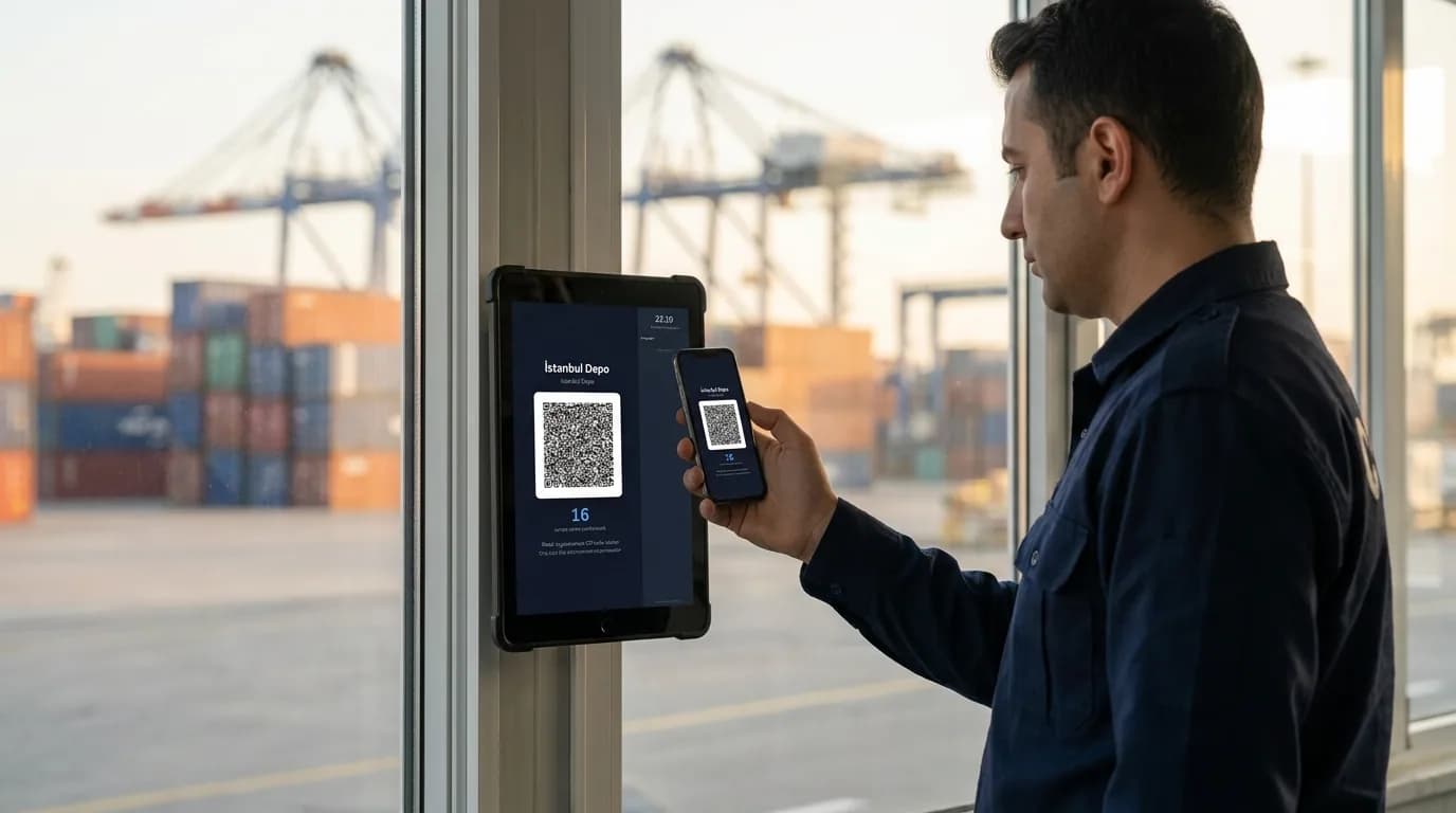 Liman işletme ofisinde tabletli QRAY kiosk ile QR okutan operasyon görevlisi — liman ve tersane PDKS