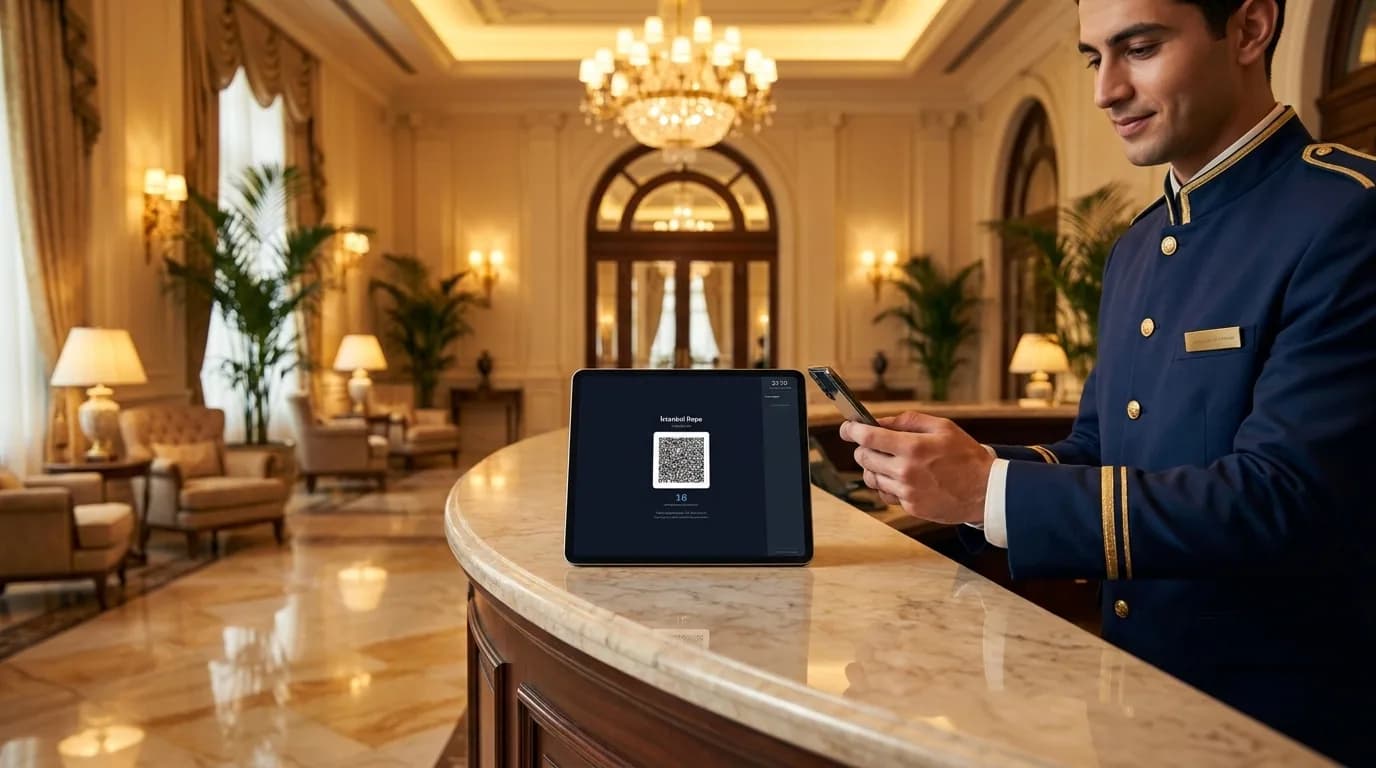 Otel personel girişinde tabletli QRAY kiosk ile QR okutan bellboy — konaklama sektörü PDKS çözümü