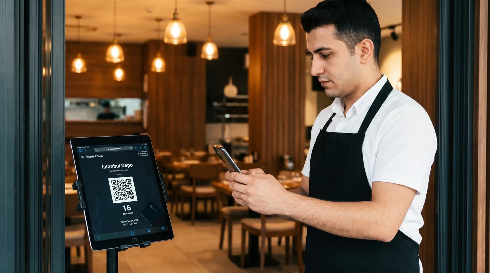 Server clocking in with a QR code on a tablet kiosk in a restaurant