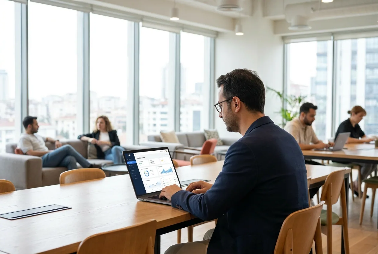 Aydınlık bir co-working alanında bulut PDKS panelini laptop üzerinden açan IT profesyoneli, pencereden şehir manzarası
