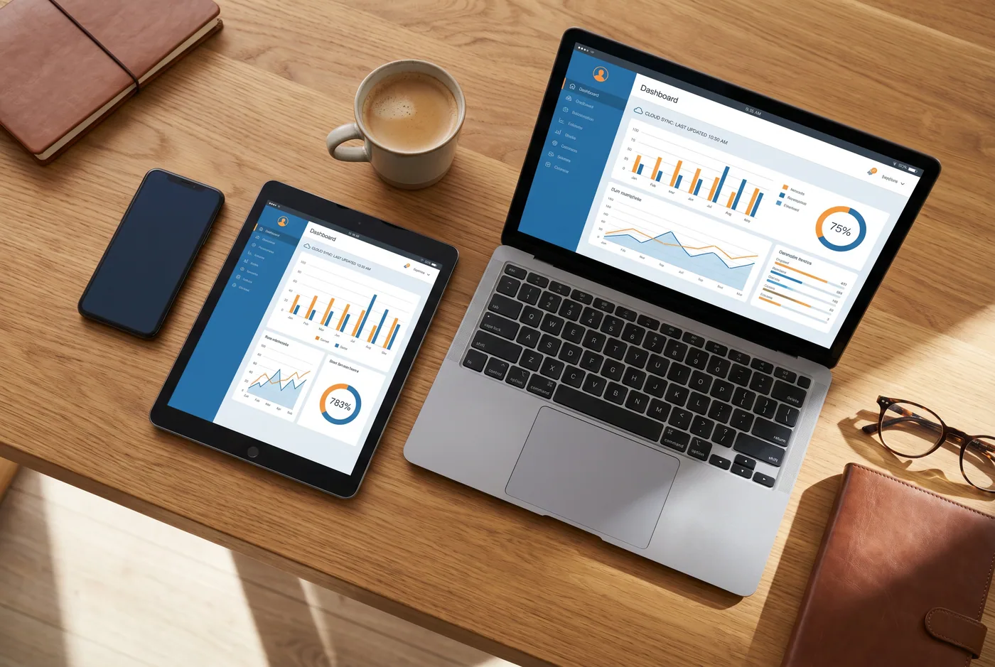 Telefon, tablet ve laptop üzerinde aynı bulut tabanlı PDKS paneline senkronize erişim — modern çoklu cihaz yönetimi