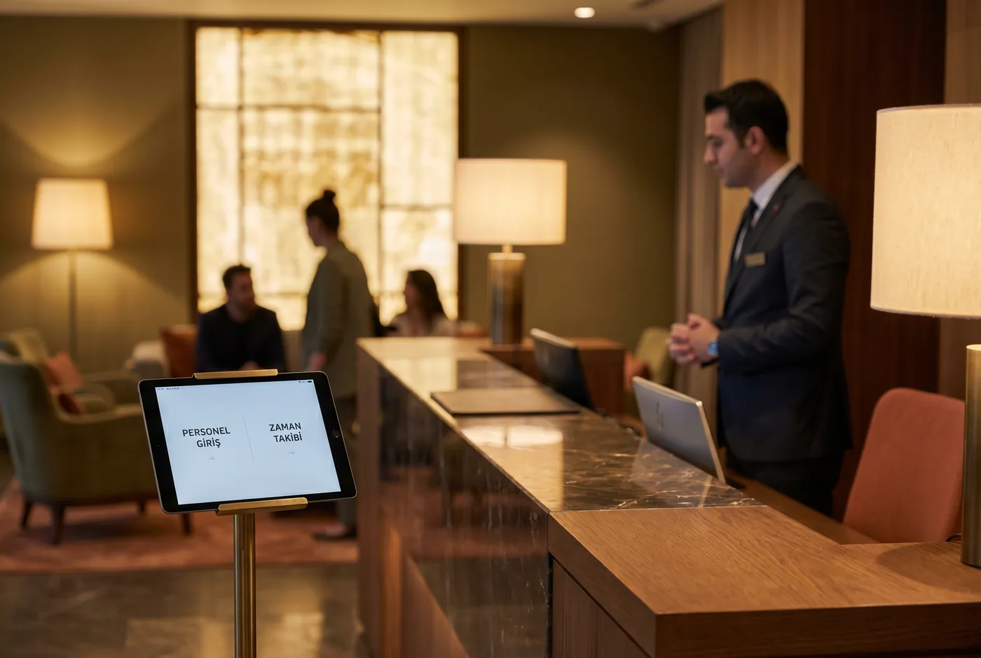Bir otel resepsiyonunda tablet üzerinden personel giriş-çıkış kaydı yapılıyor — donanımsız PDKS uygulaması