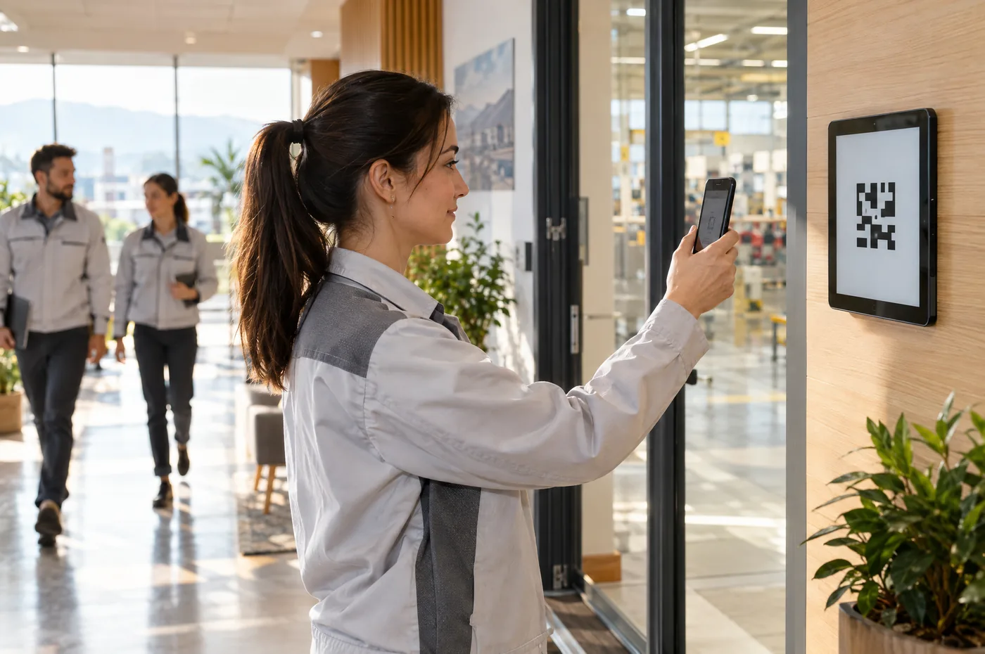 Fabrika ofisinin girişinde duvardaki tablette QR kodu telefonuyla okutan çalışan; arkada yürüyen iki iş arkadaşı