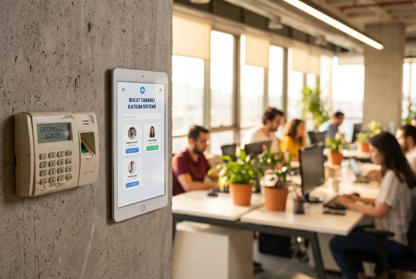 Duvara monteli eski bir parmak izi PDKS cihazı "Geçersiz Giriş" uyarısı verirken yanında modern bir tablet bulut tabanlı katılım sistemi arayüzünü gösteriyor; arka planda açık ofis alanında çalışanlar bilgisayarlarında çalışıyor