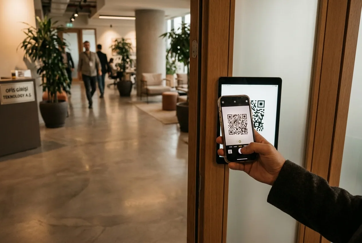 Ofis girişindeki tablete gömülü dinamik QR kodu akıllı telefonuyla okutan personel; arka planda modern ofis lobisi bulanık görünüyor