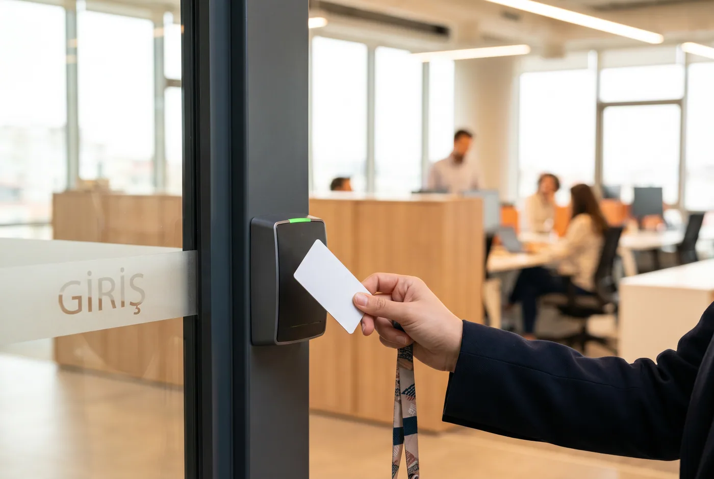 Ofis girişinde RFID personel kartını duvara monteli okuyucuya yaklaştıran bir el, boyun askısı görünüyor