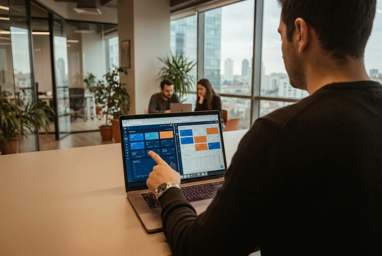 İK yöneticisi laptop ekranında iki farklı PDKS panelini yan yana açıp karşılaştırıyor
