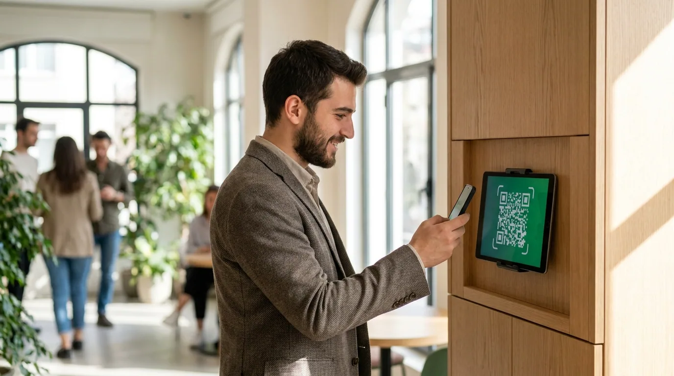 Ofis girişinde telefon ile QR kodu okutan profesyonel — QRAY ile adım adım personel takibi