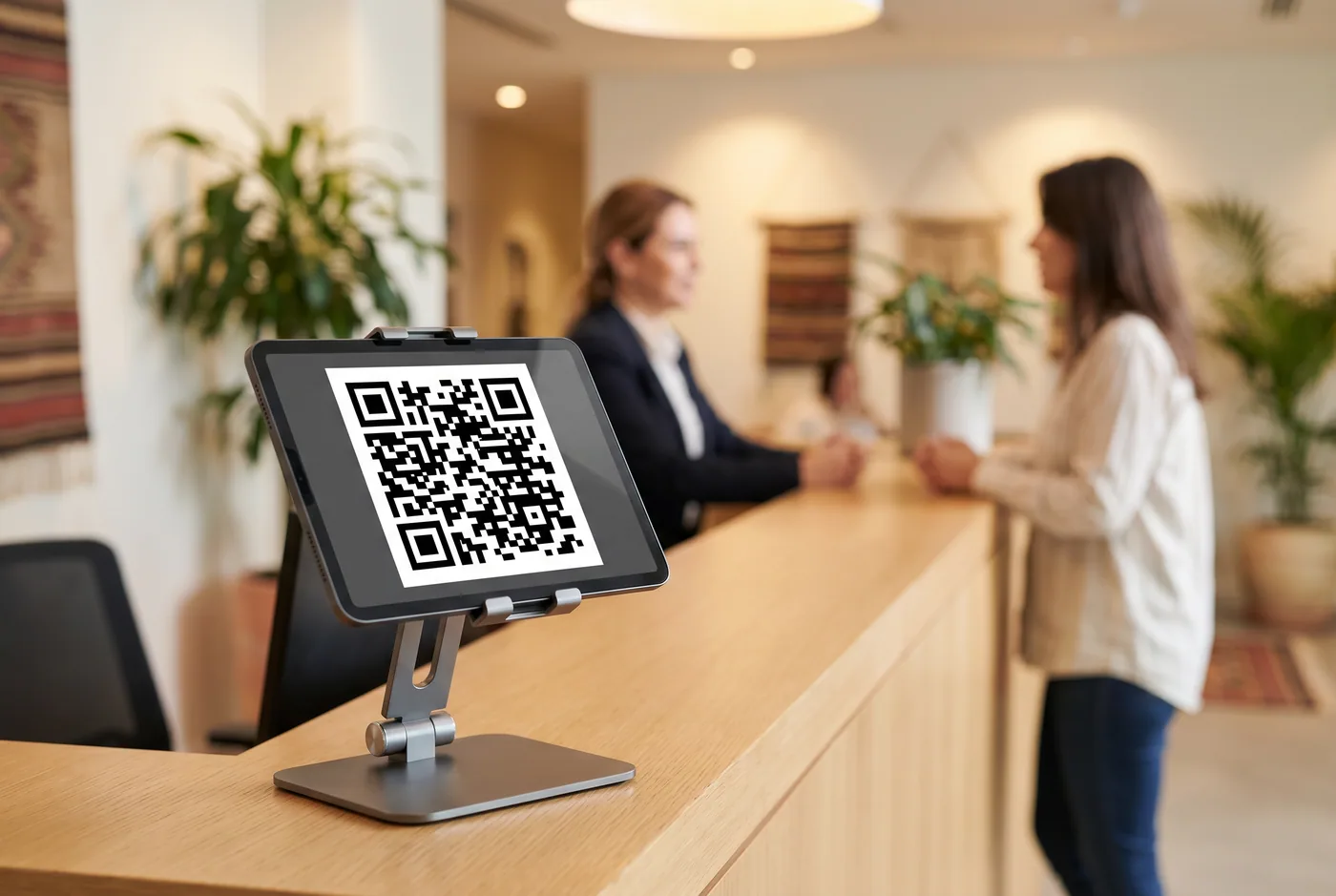 Resepsiyon masasına yerleştirilmiş bir tablet üzerinde dinamik QR kodu gösteren QRAY kiosk modu ekranı